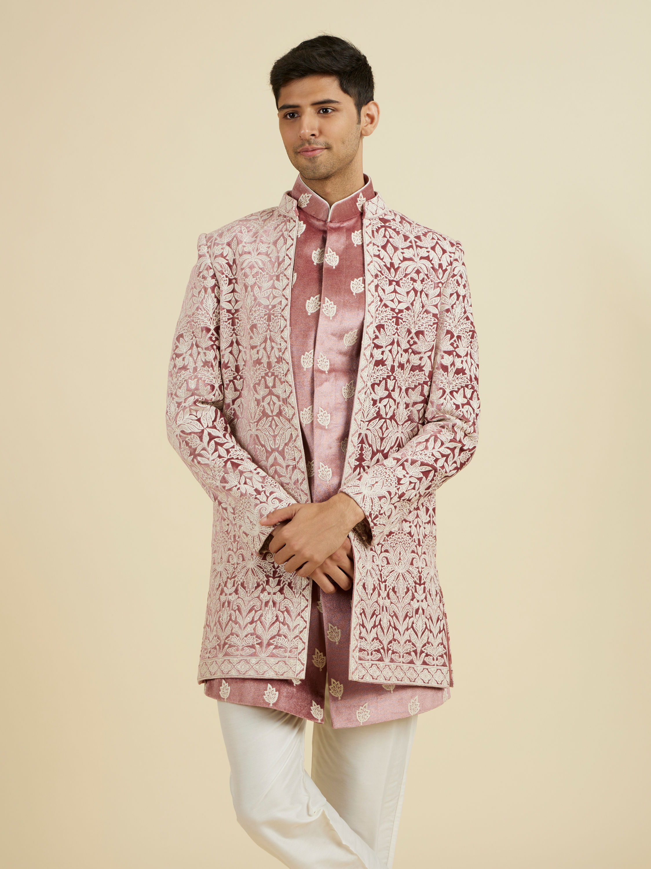 Manyavar Men Velvet Elegance in Pink Indo Western