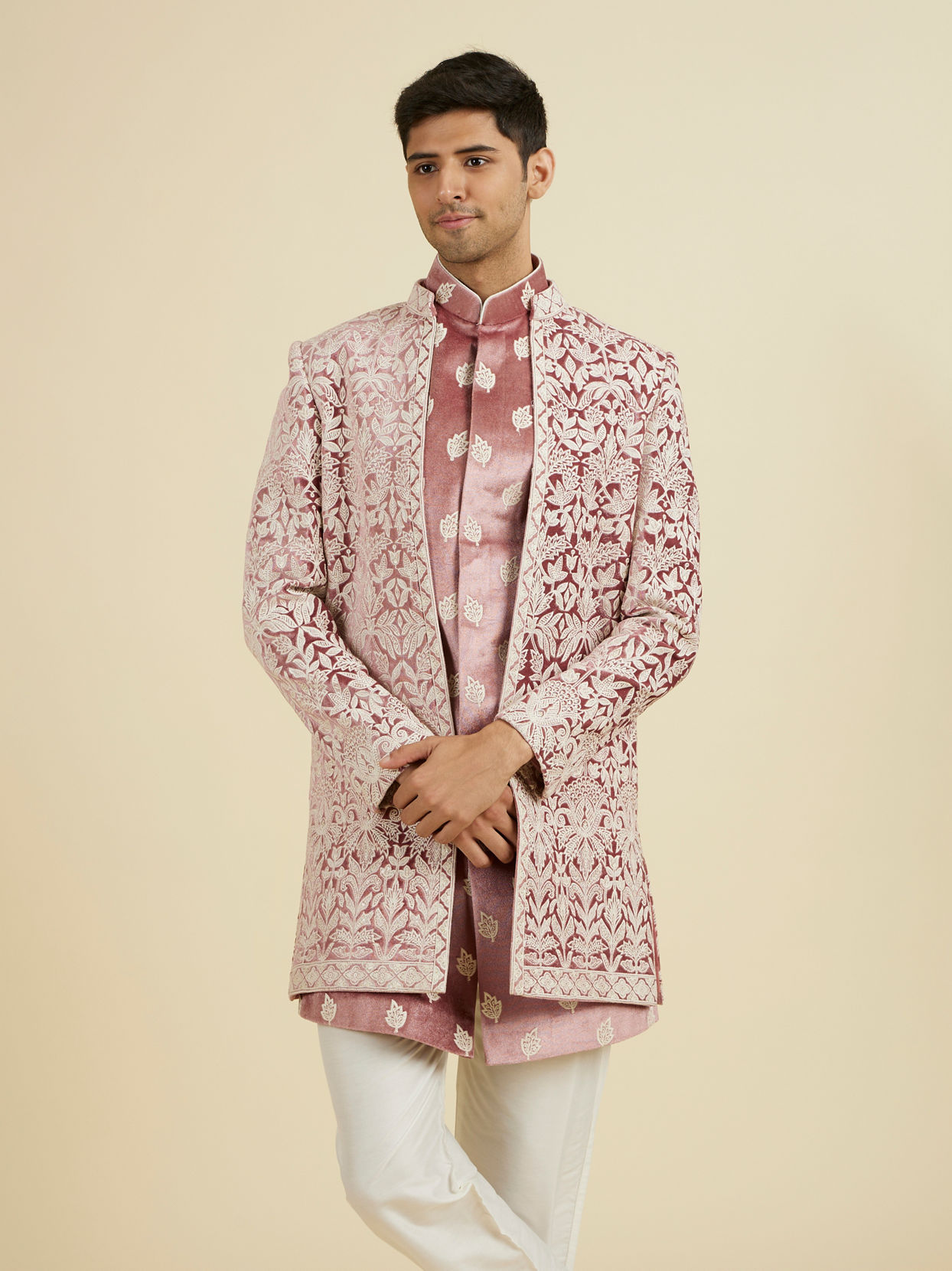 Manyavar Men Velvet Elegance in Pink Indo Western