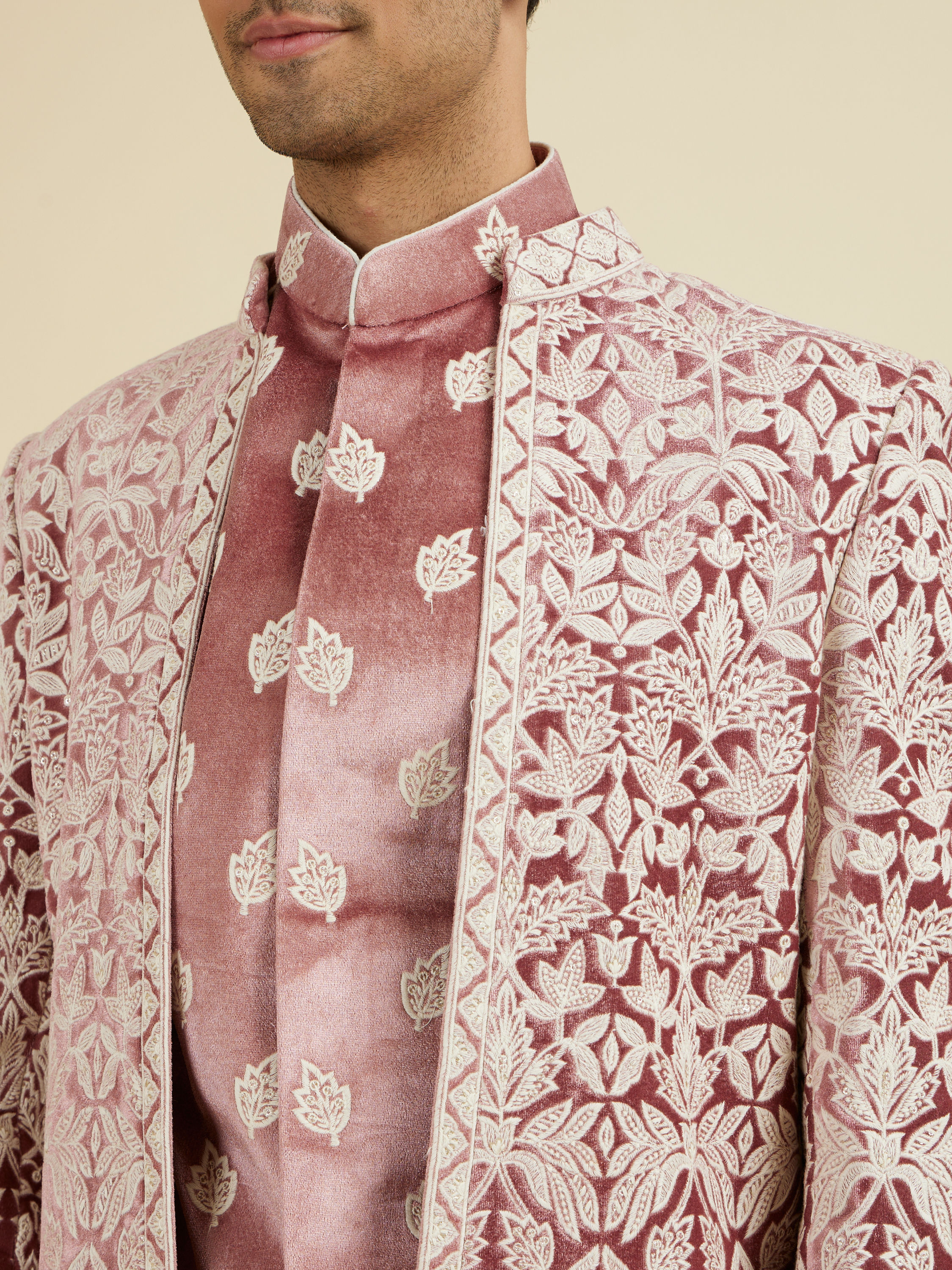 Manyavar Men Velvet Elegance in Pink Indo Western