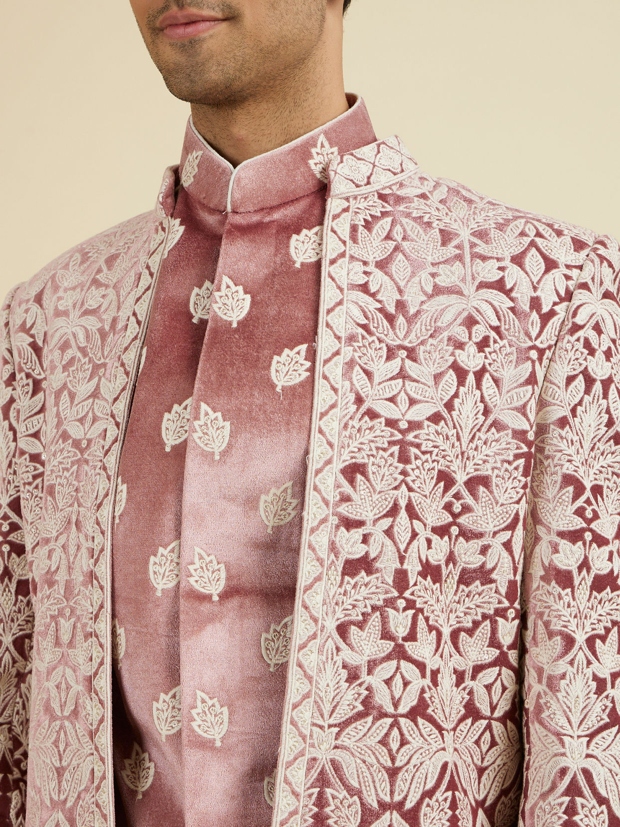 Manyavar Men Velvet Elegance in Pink Indo Western
