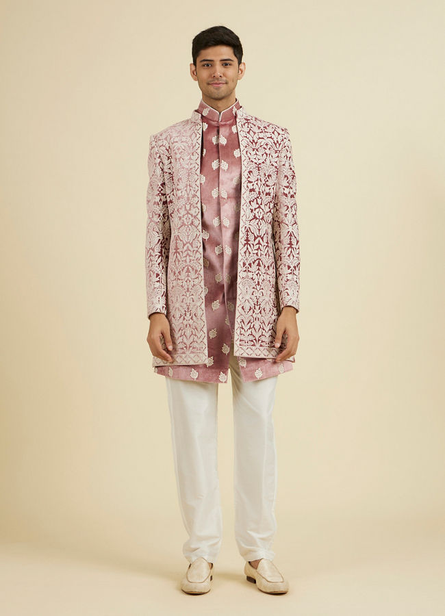 Manyavar Men Velvet Elegance in Pink Indo Western