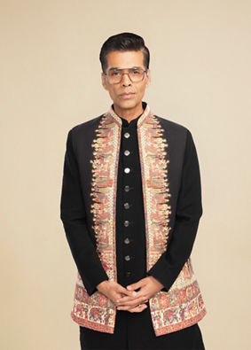 Manyavar Men Ebony Black Indo Western Set with Doli Barat Motifs