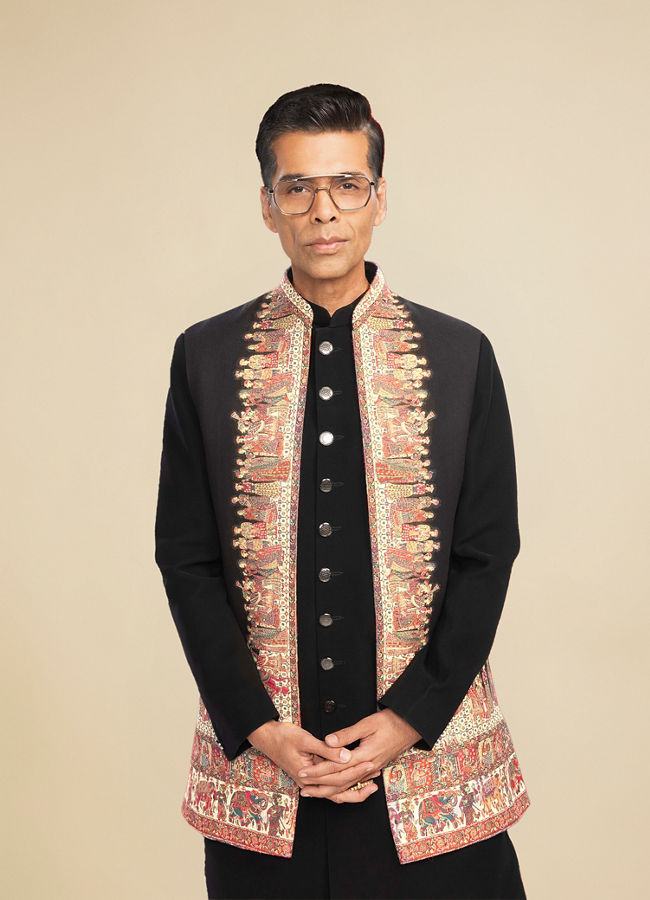 Manyavar Men Ebony Black Indo Western Set with Doli Barat Motifs