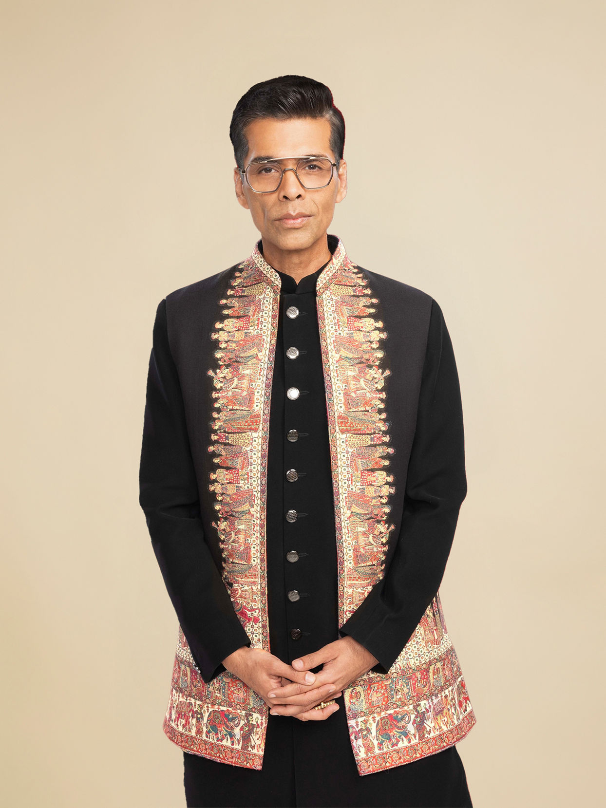 Manyavar Men Ebony Black Indo Western Set with Doli Barat Motifs