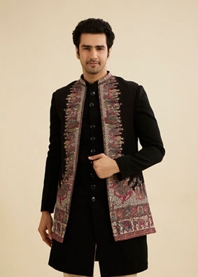 Manyavar Men Ebony Black Indo Western Set with Doli Barat Motifs