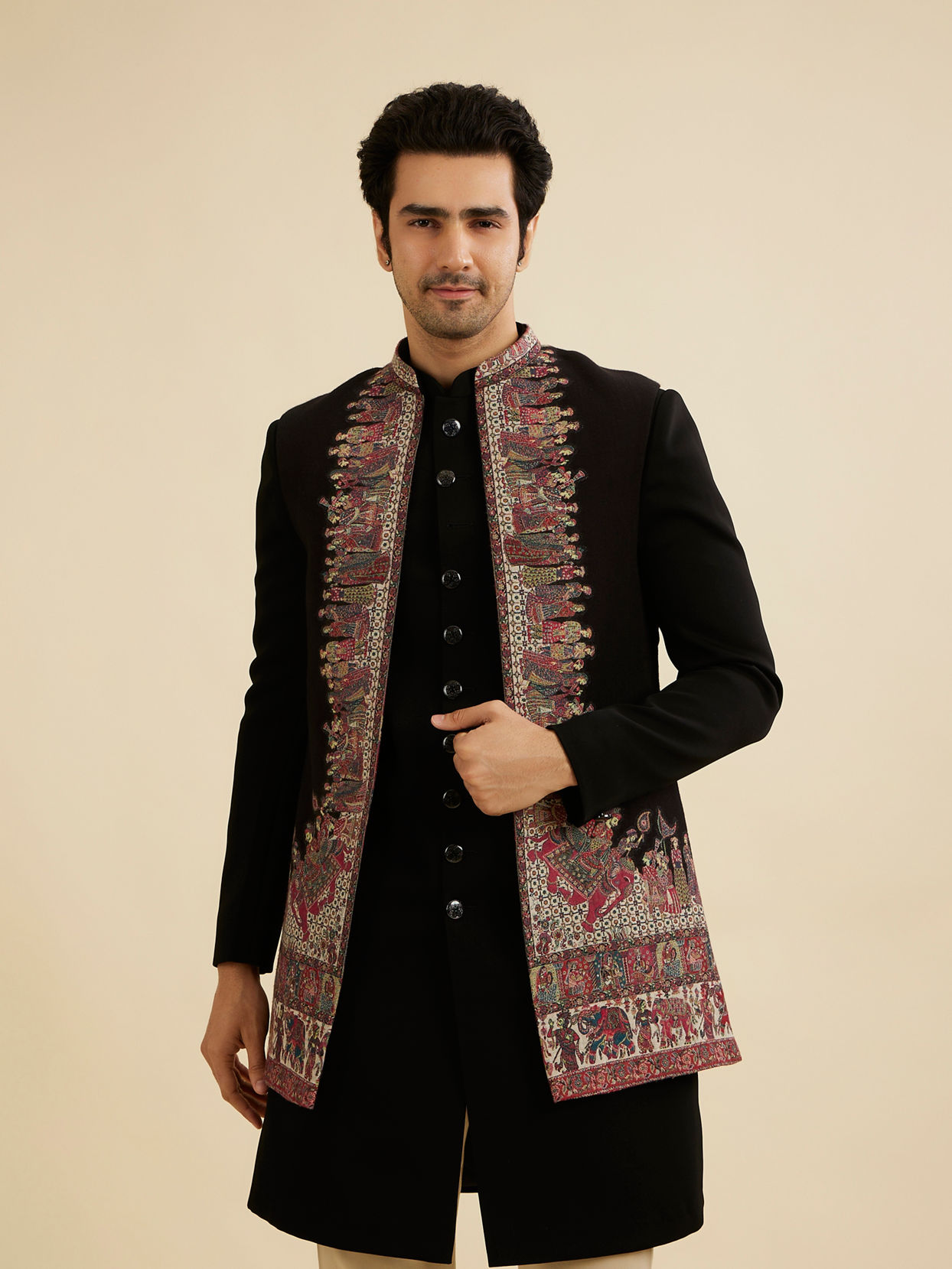 Manyavar Men Ebony Black Indo Western Set with Doli Barat Motifs
