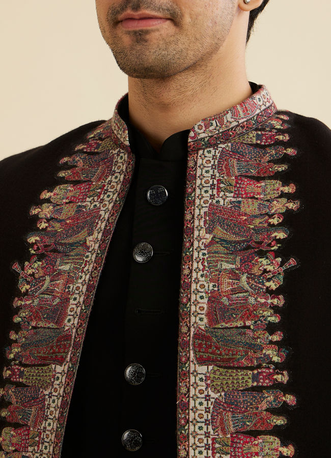 Manyavar Men Ebony Black Indo Western Set with Doli Barat Motifs