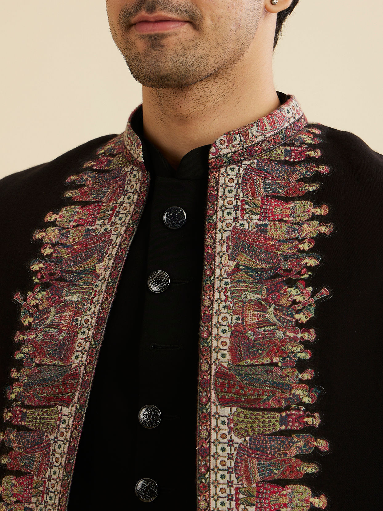 Manyavar Men Ebony Black Indo Western Set with Doli Barat Motifs