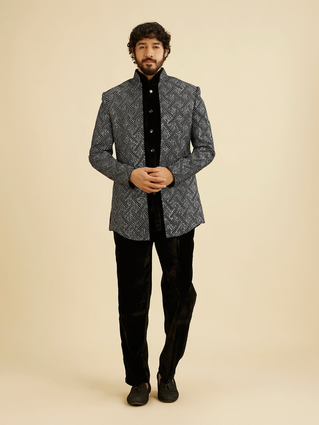 Manyavar Men Black Velvet Elegance Indo Western