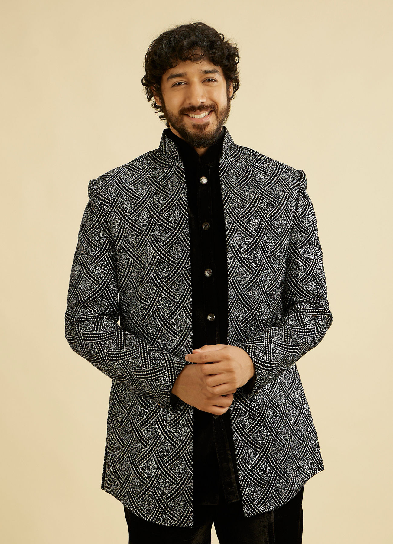 Manyavar Men Black Velvet Elegance Indo Western