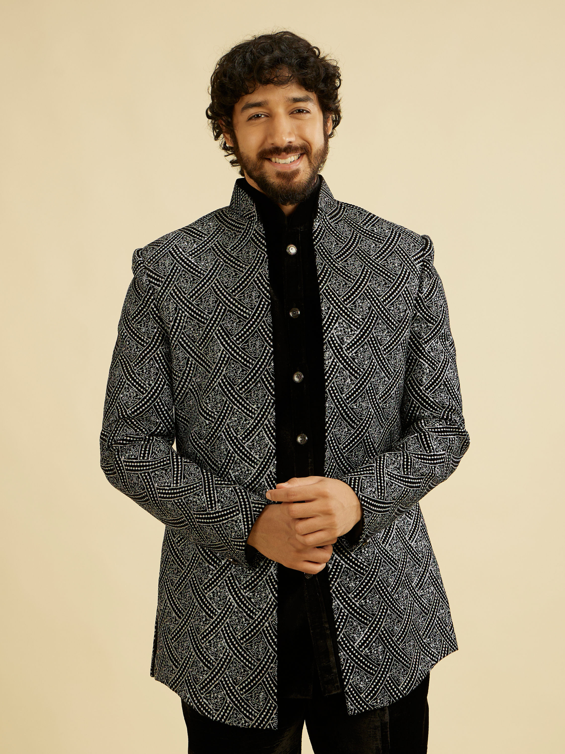 Manyavar Men Black Velvet Elegance Indo Western