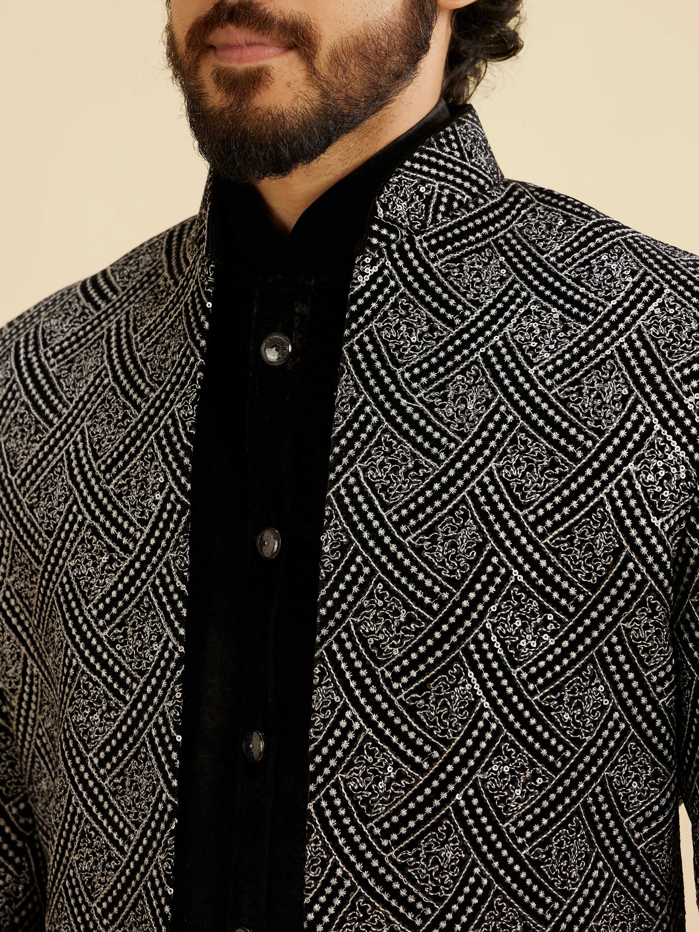 Manyavar Men Black Velvet Elegance Indo Western
