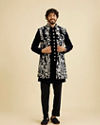 Manyavar Men Dark Blue Velvet Ensemble Indo Western