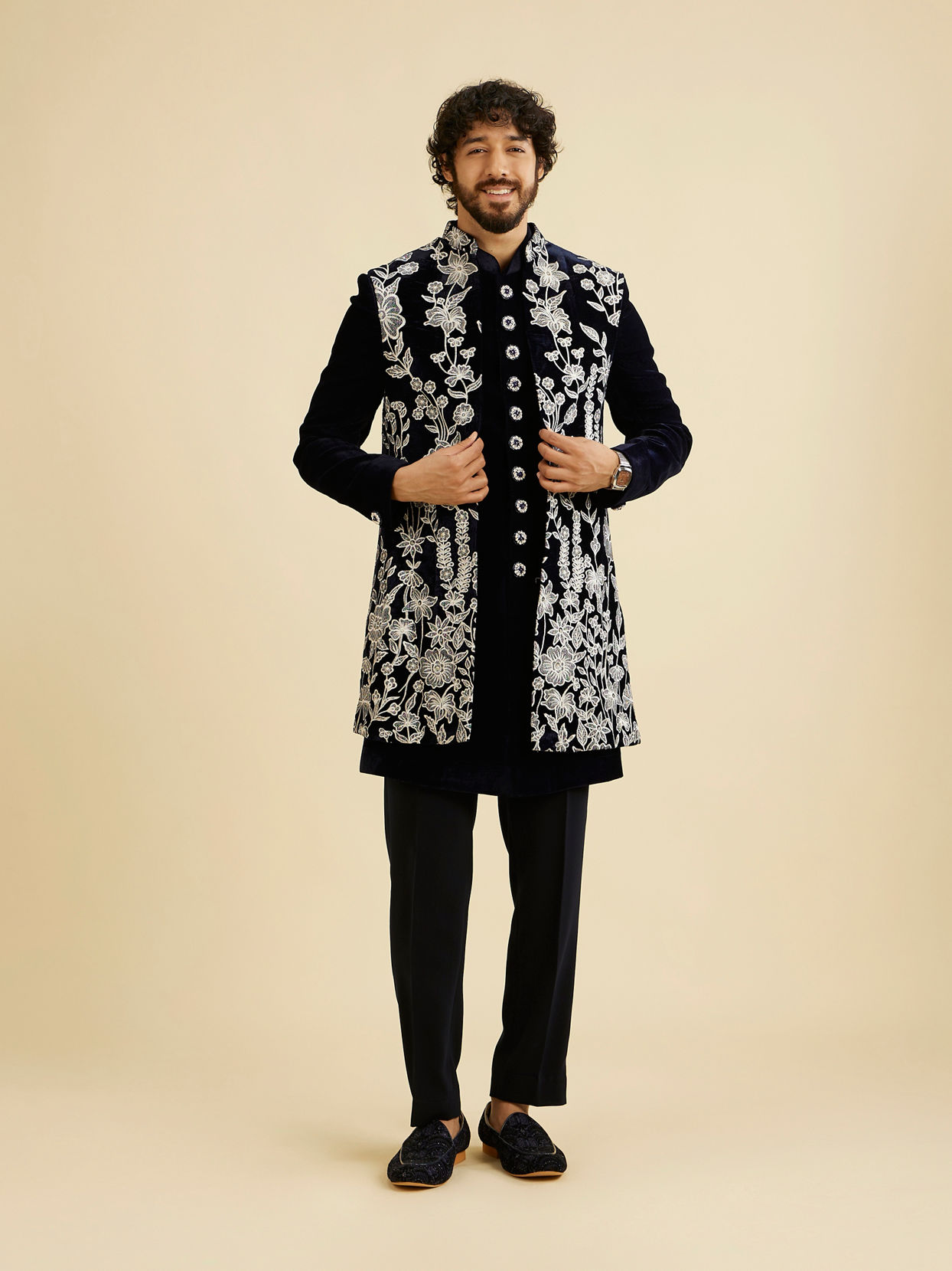 Manyavar Men Dark Blue Velvet Ensemble Indo Western