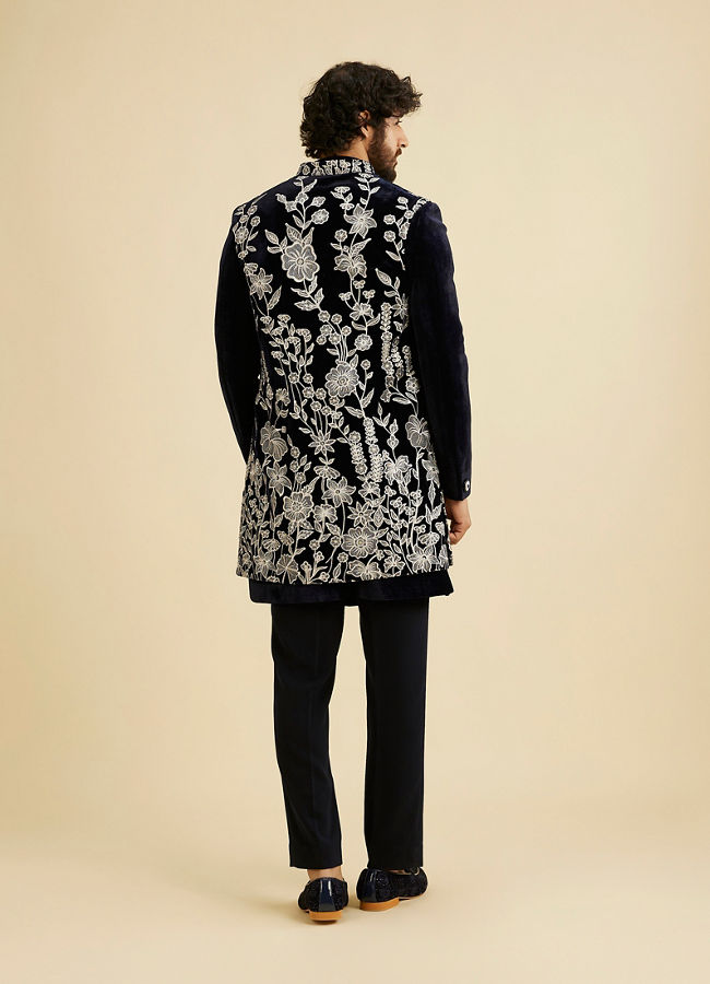 Manyavar Men Dark Blue Velvet Ensemble Indo Western