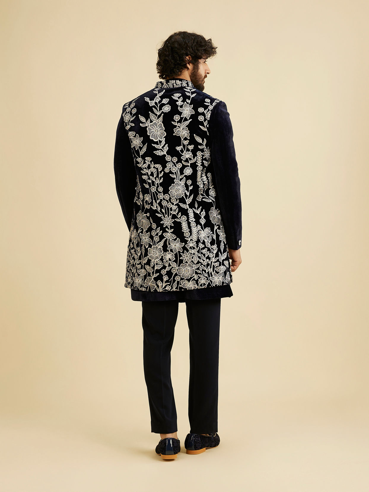 Manyavar Men Dark Blue Velvet Ensemble Indo Western