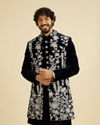 Manyavar Men Dark Blue Velvet Ensemble Indo Western