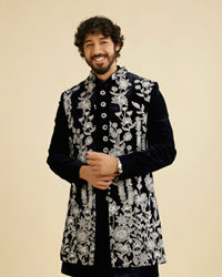 Manyavar Men Dark Blue Velvet Ensemble Indo Western