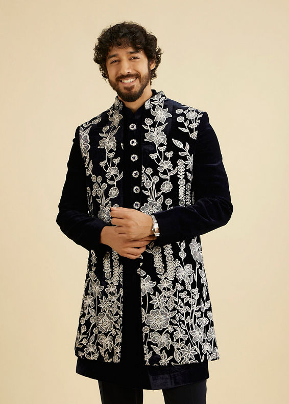 Manyavar Men Dark Blue Velvet Ensemble Indo Western