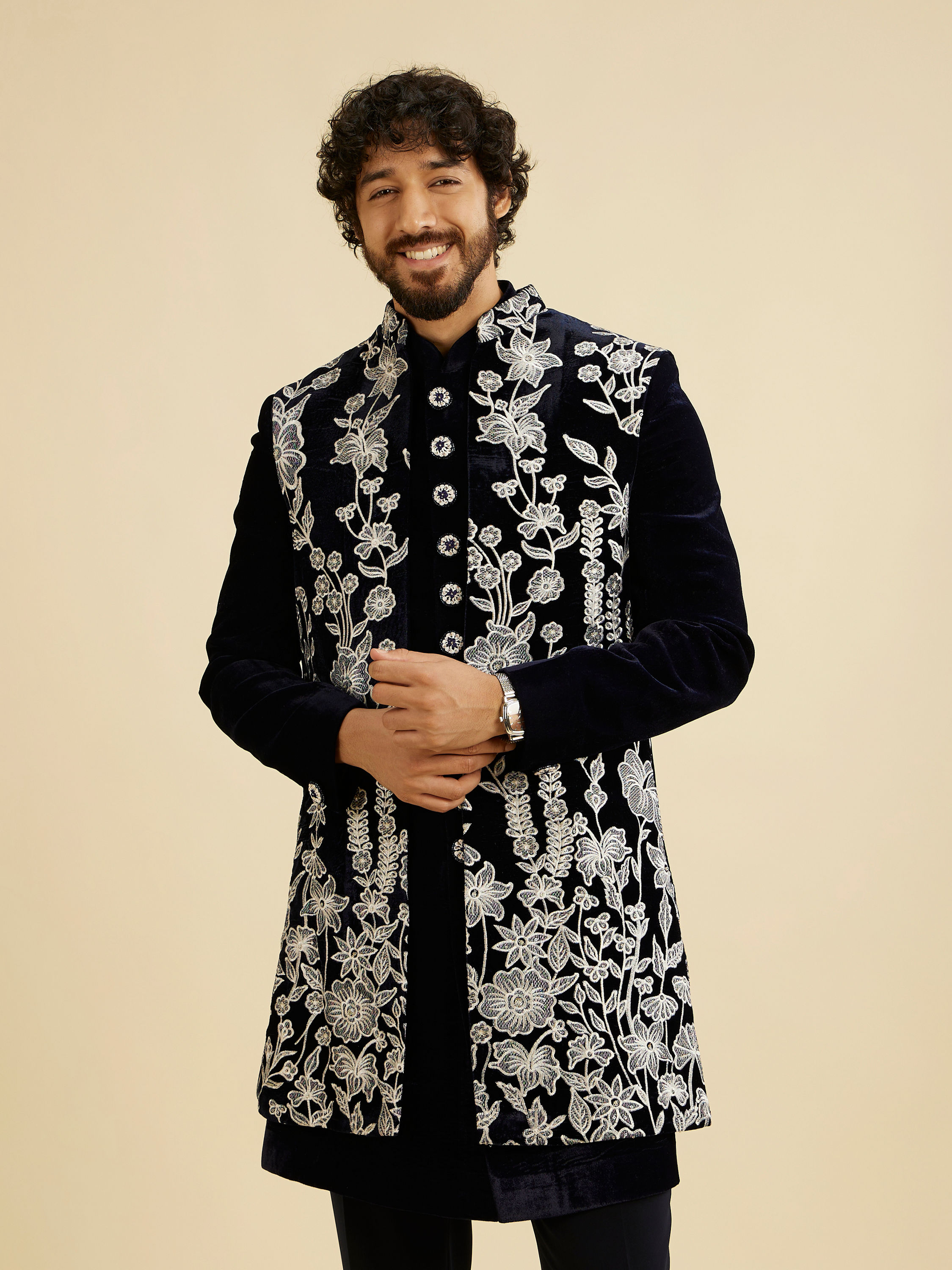 Manyavar Men Dark Blue Velvet Ensemble Indo Western