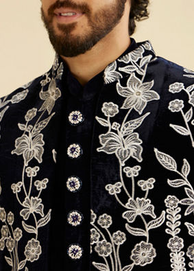 Manyavar Men Dark Blue Velvet Ensemble Indo Western