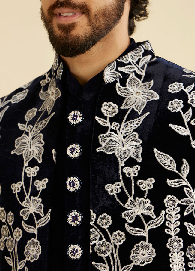 Manyavar Men Dark Blue Velvet Ensemble Indo Western
