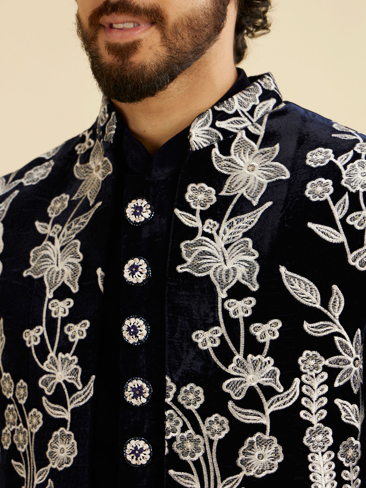 Manyavar Men Dark Blue Velvet Ensemble Indo Western