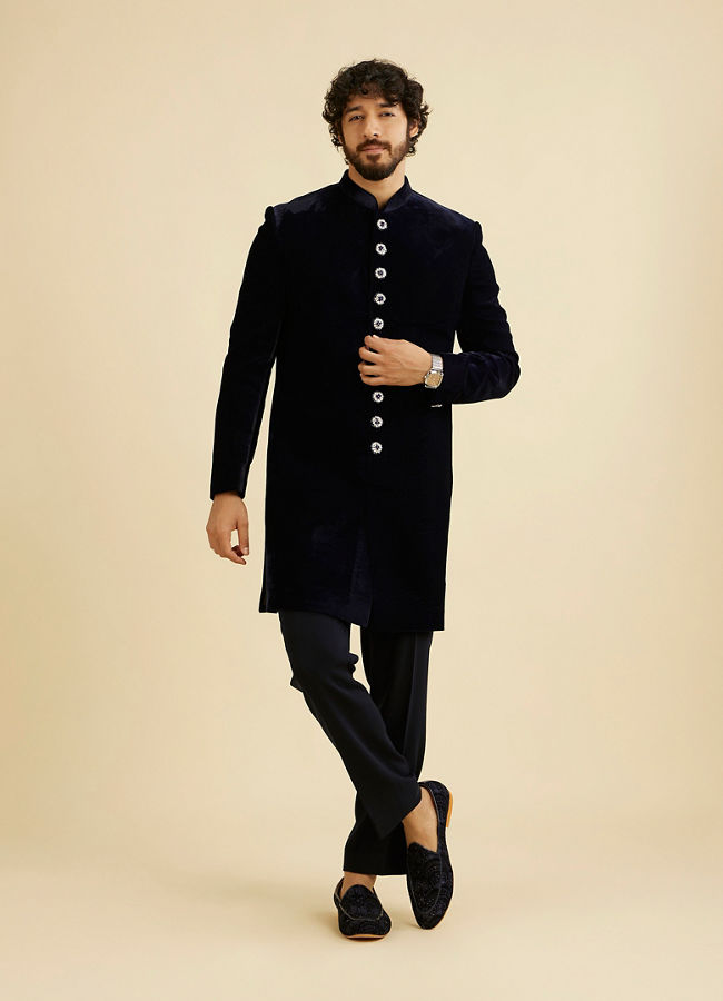 Manyavar Men Dark Blue Velvet Ensemble Indo Western