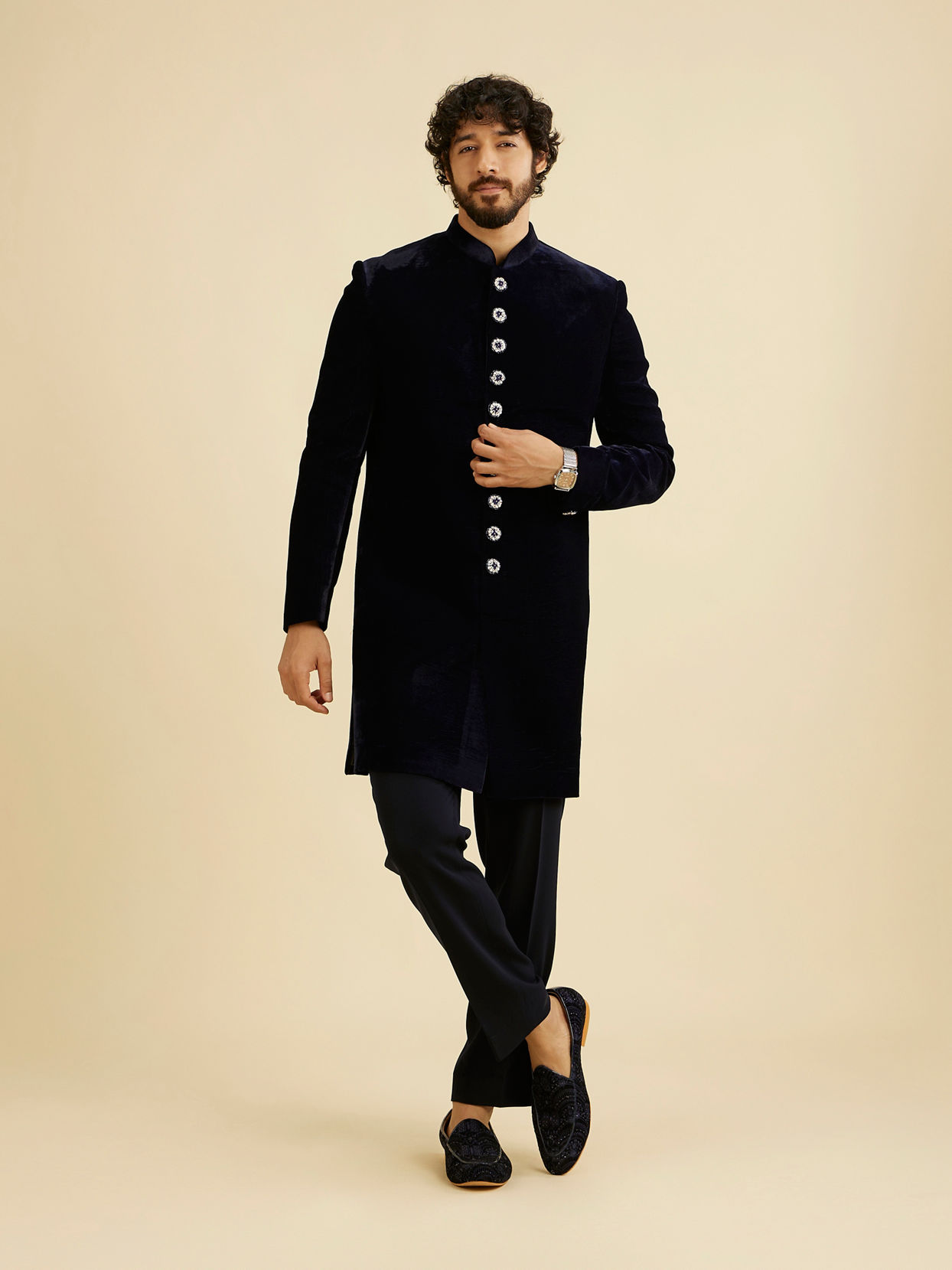 Manyavar Men Dark Blue Velvet Ensemble Indo Western