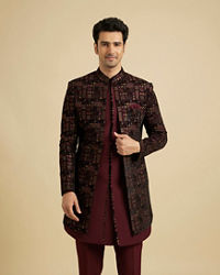 Manyavar Men Regal Blue Wine Velvet Ensemble Indo Western