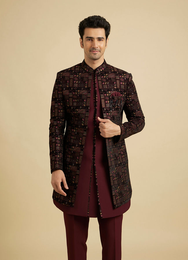 Manyavar Men Regal Blue Wine Velvet Ensemble Indo Western image number 0