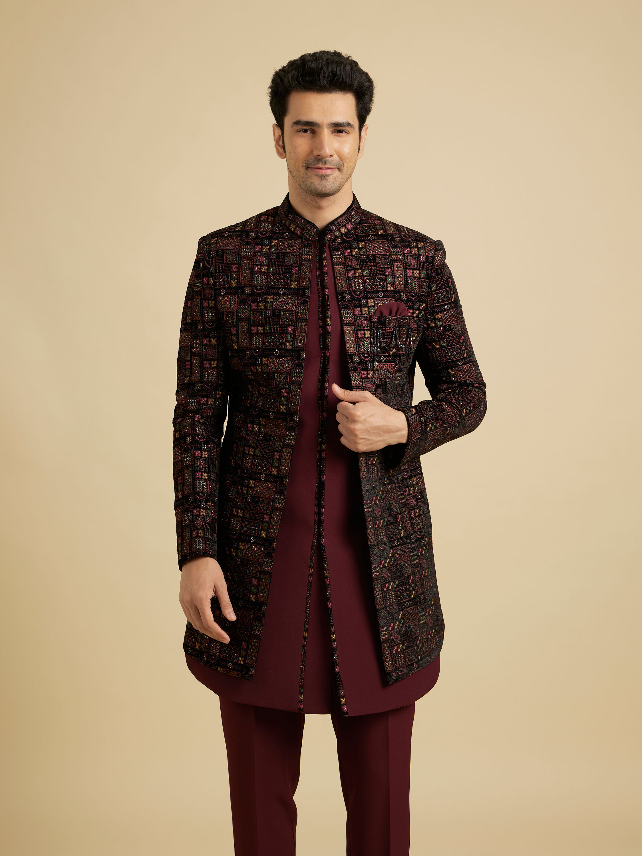 Manyavar Men Regal Blue Wine Velvet Ensemble Indo Western