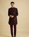 Manyavar Men Regal Blue Wine Velvet Ensemble Indo Western