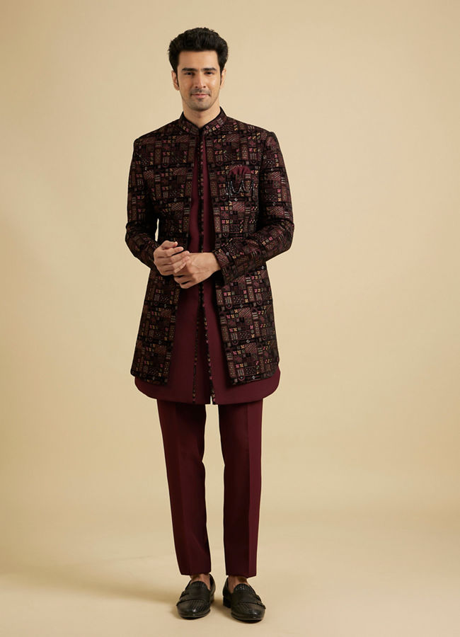 Manyavar Men Regal Blue Wine Velvet Ensemble Indo Western image number 2