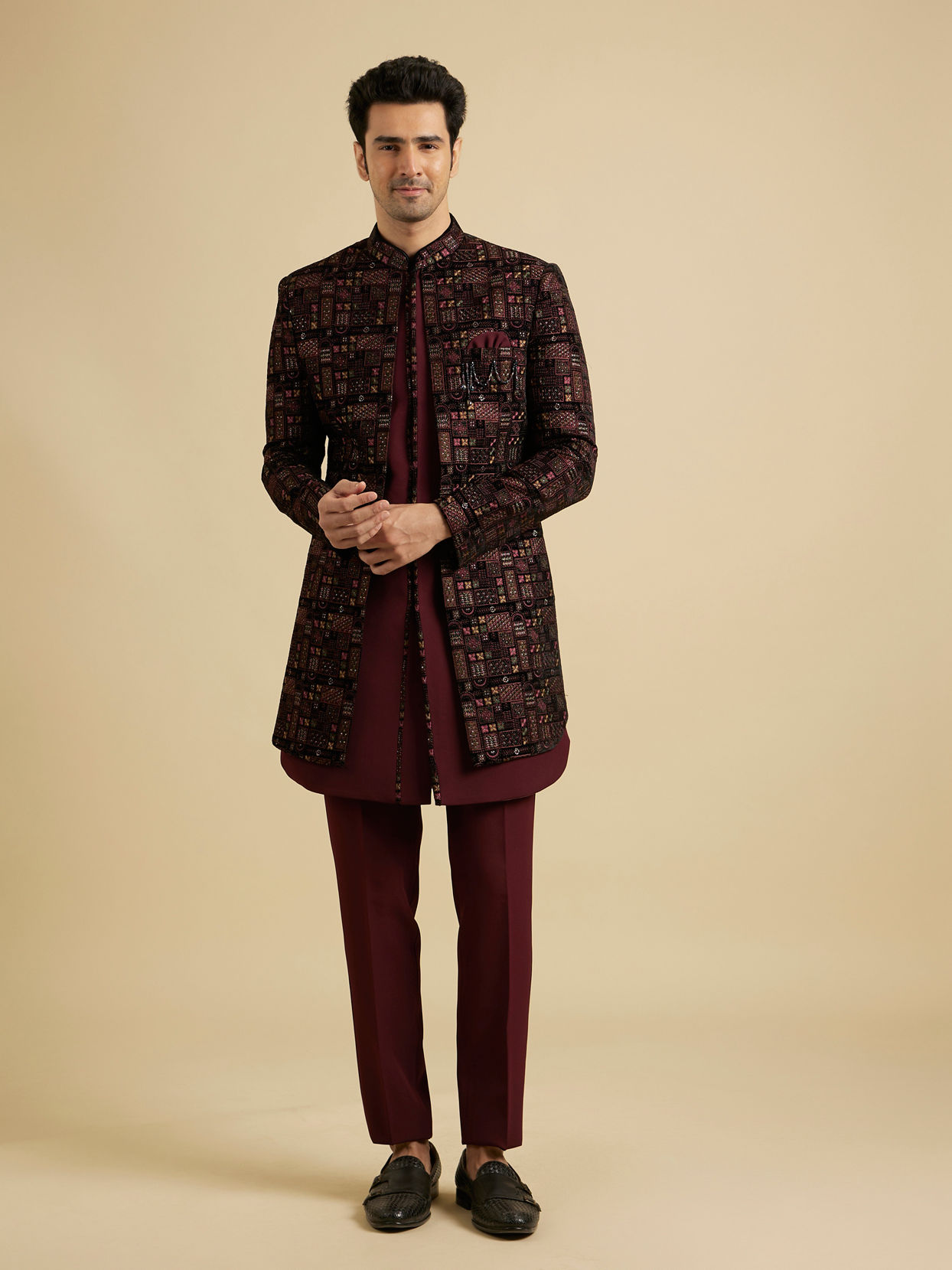 Manyavar Men Regal Blue Wine Velvet Ensemble Indo Western