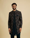 Manyavar Men Stunning Teal Blue Velvet Indow Western image number 0