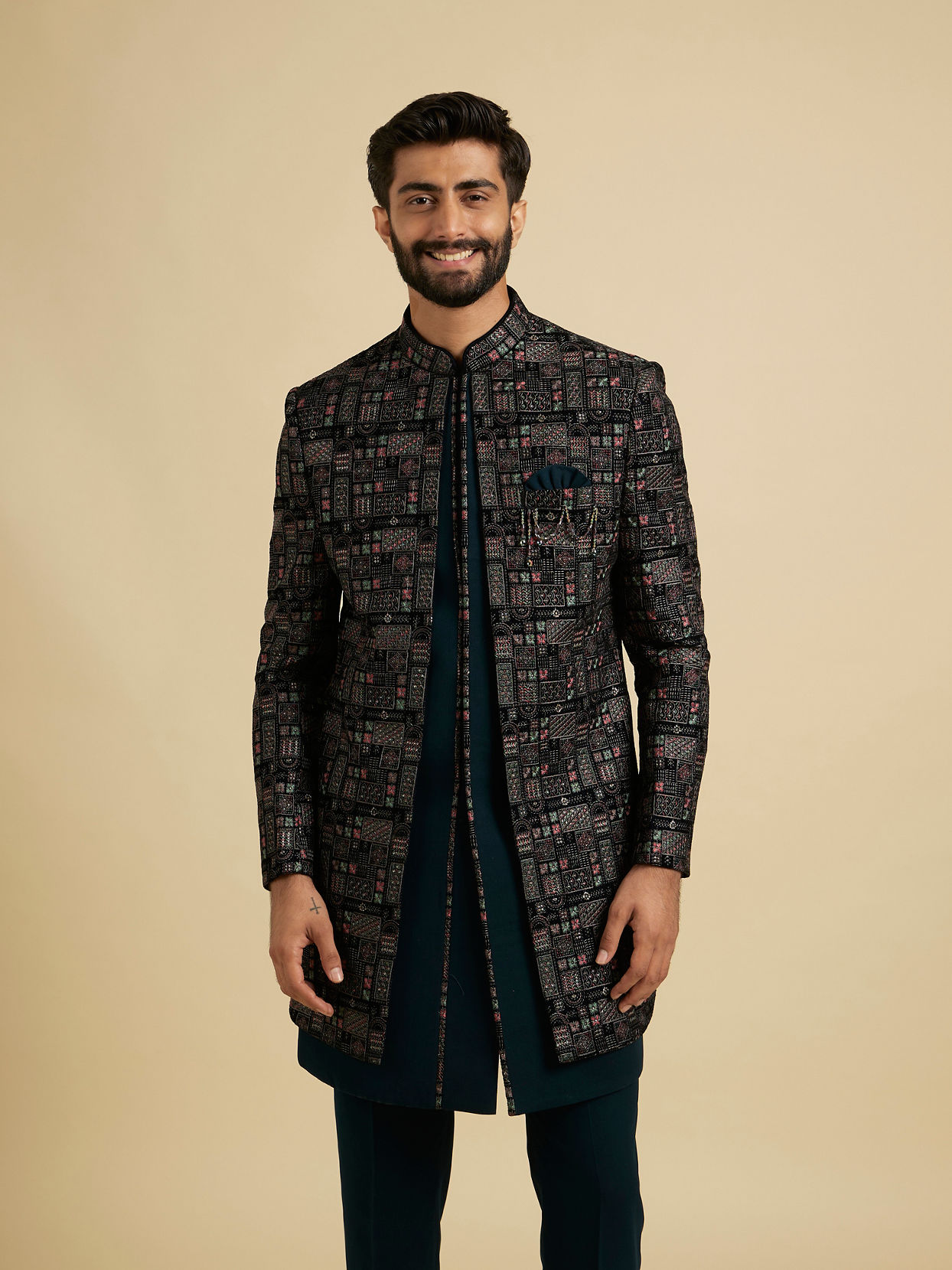 Manyavar Men Stunning Teal Blue Velvet Indow Western image number 0