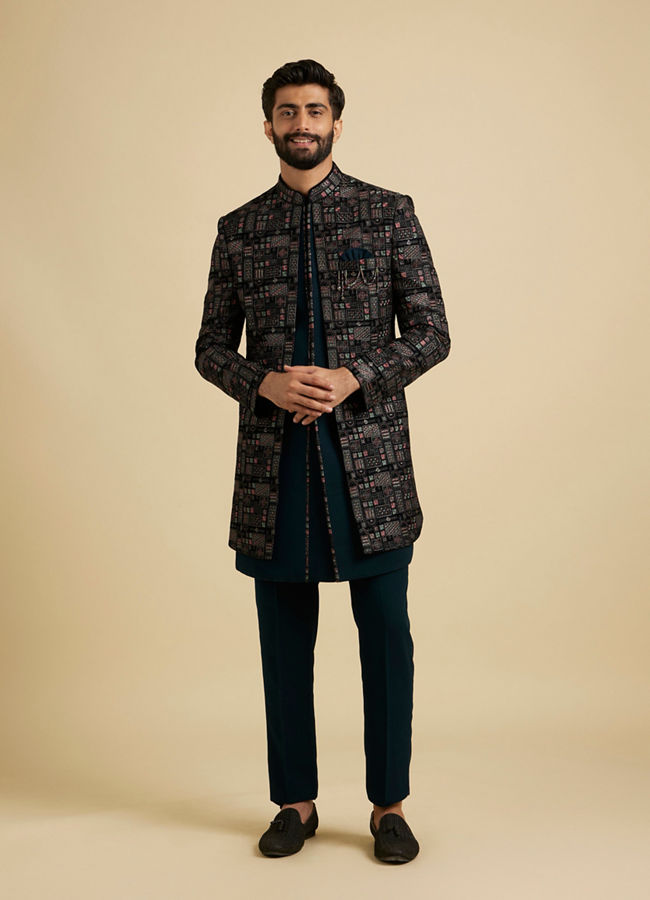 Manyavar Men Stunning Teal Blue Velvet Indow Western