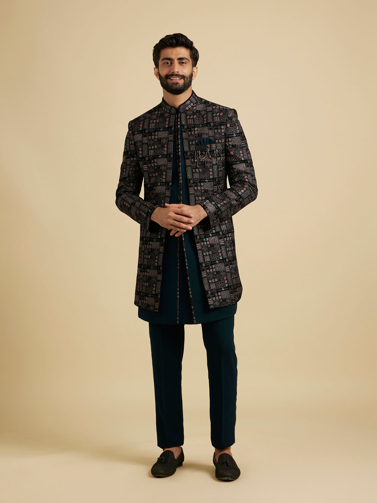 Manyavar Men Stunning Teal Blue Velvet Indow Western