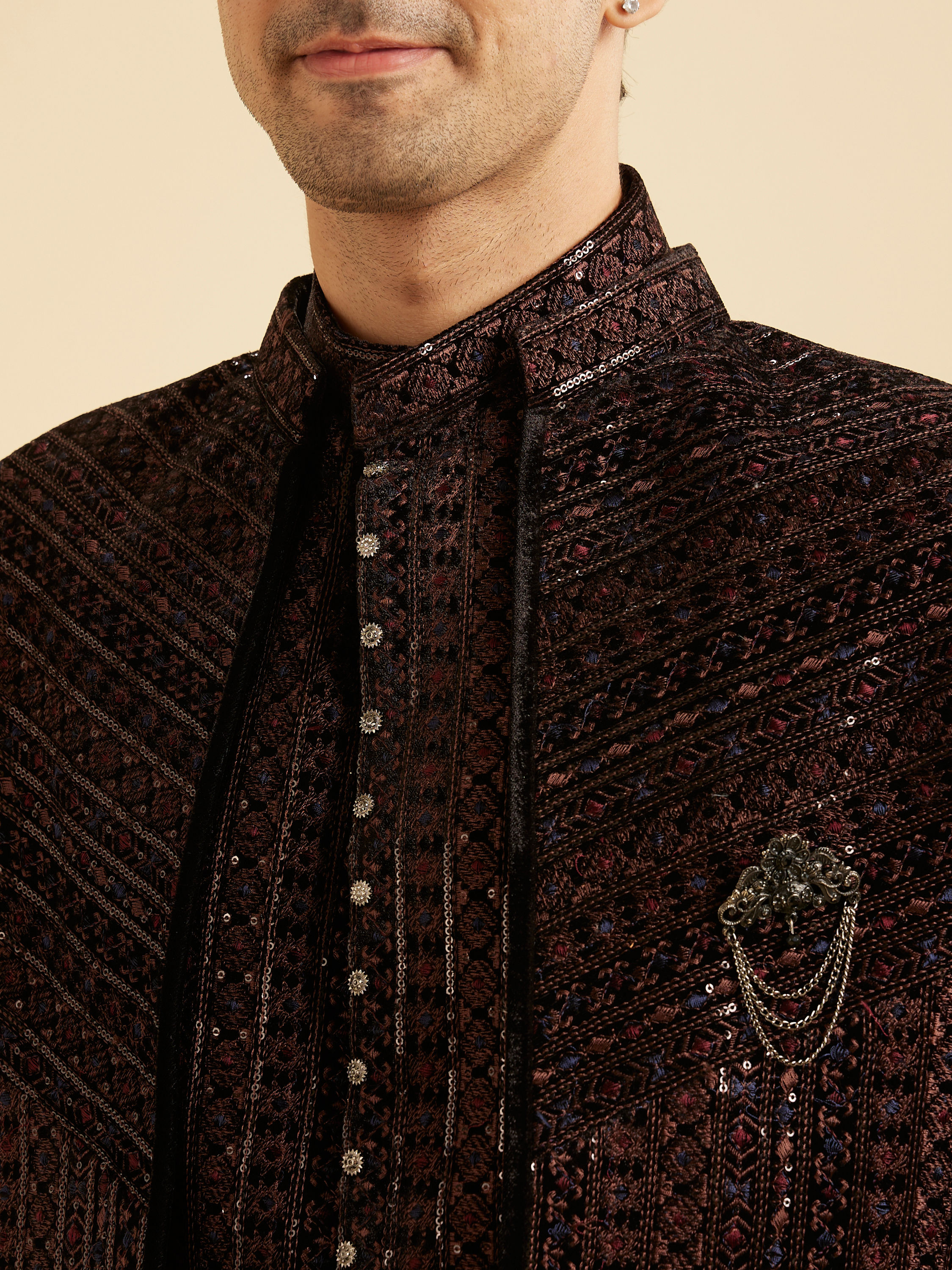 Manyavar Men Black Velvet Elegance Indo Western
