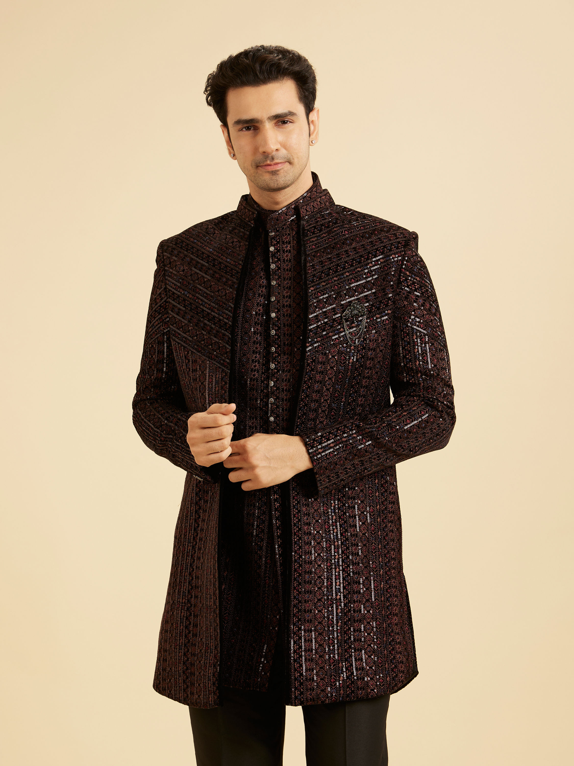 Manyavar Men Black Velvet Elegance Indo Western