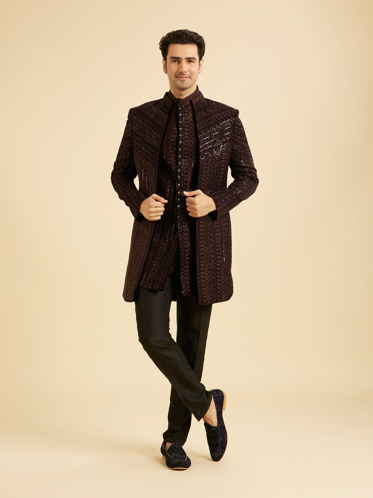 Manyavar Men Black Velvet Elegance Indo Western