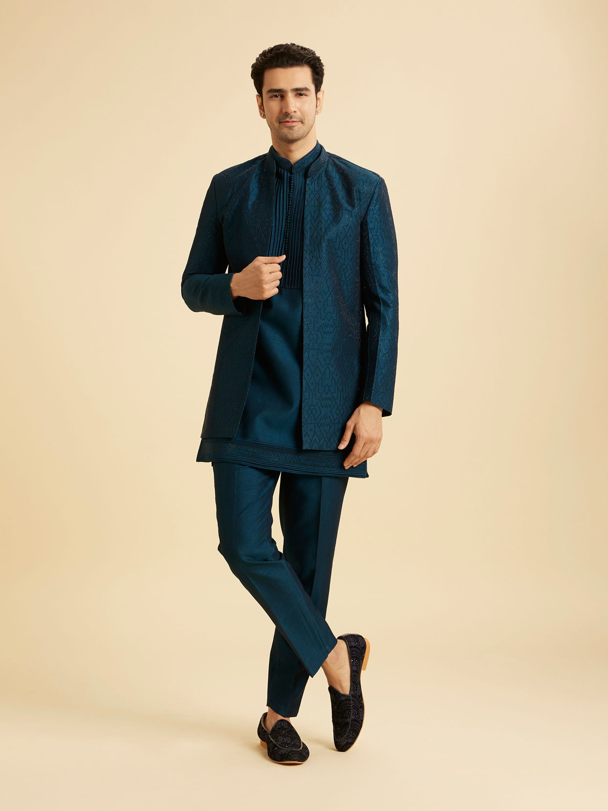 Manyavar Men Teal Blue Opulence Indo Western