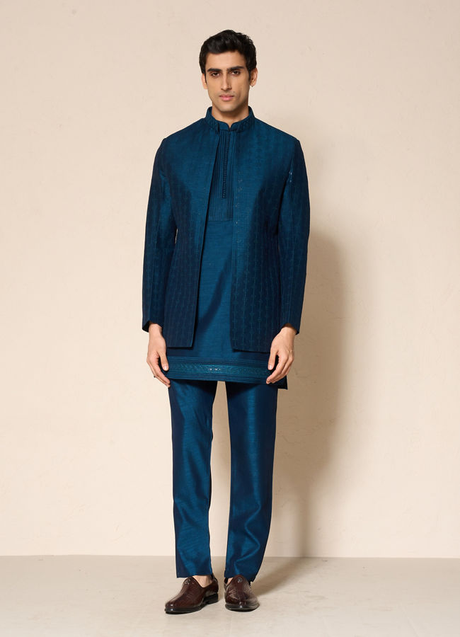 Manyavar Men Teal Blue Elegance Indo Western