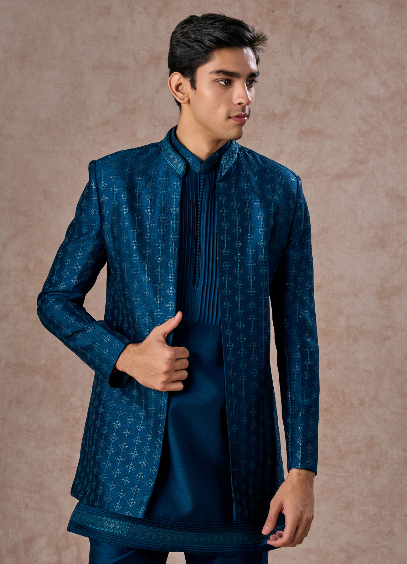 Manyavar Men Teal Blue Elegance Indo Western