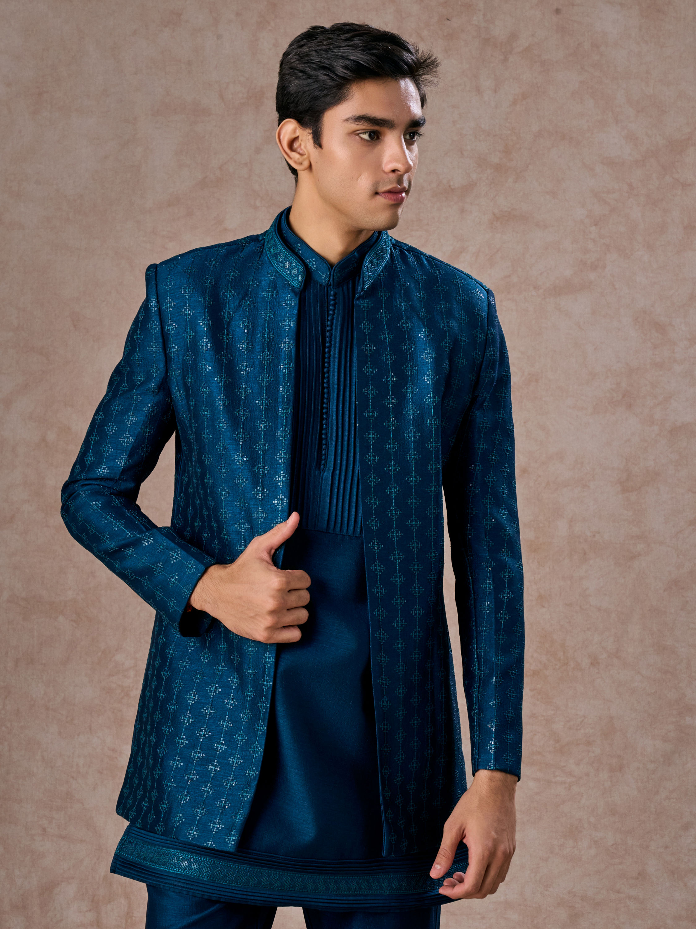 Manyavar Men Teal Blue Elegance Indo Western