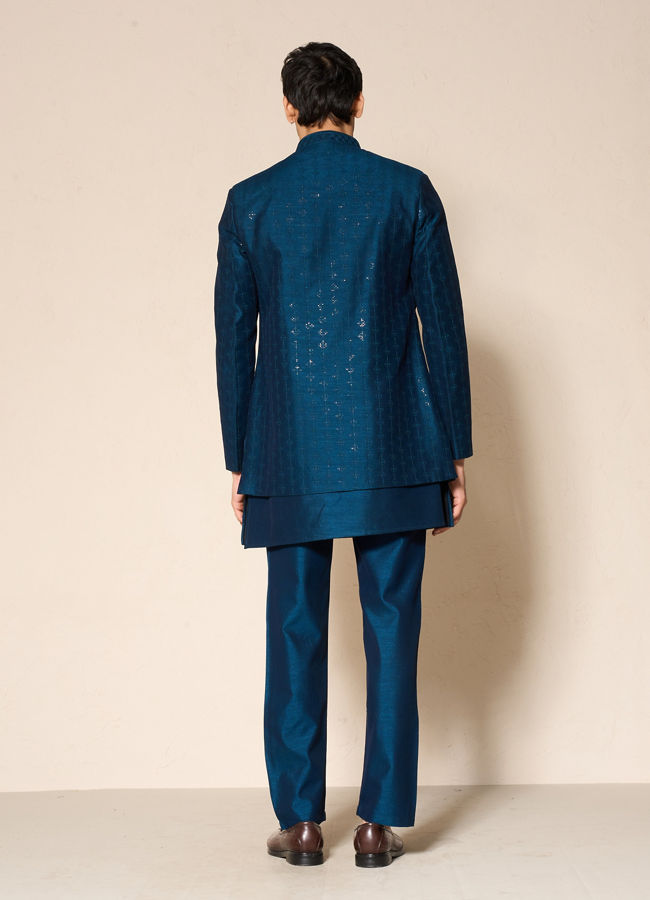 Manyavar Men Teal Blue Elegance Indo Western