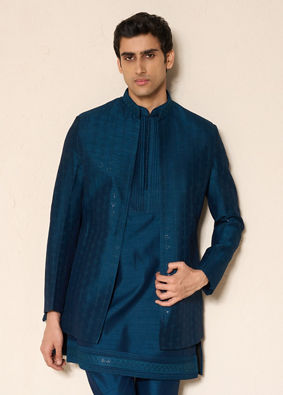 Manyavar Men Teal Blue Elegance Indo Western