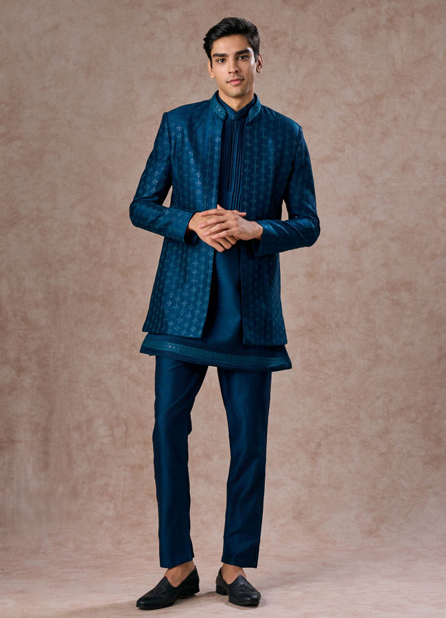 Manyavar Men Teal Blue Elegance Indo Western