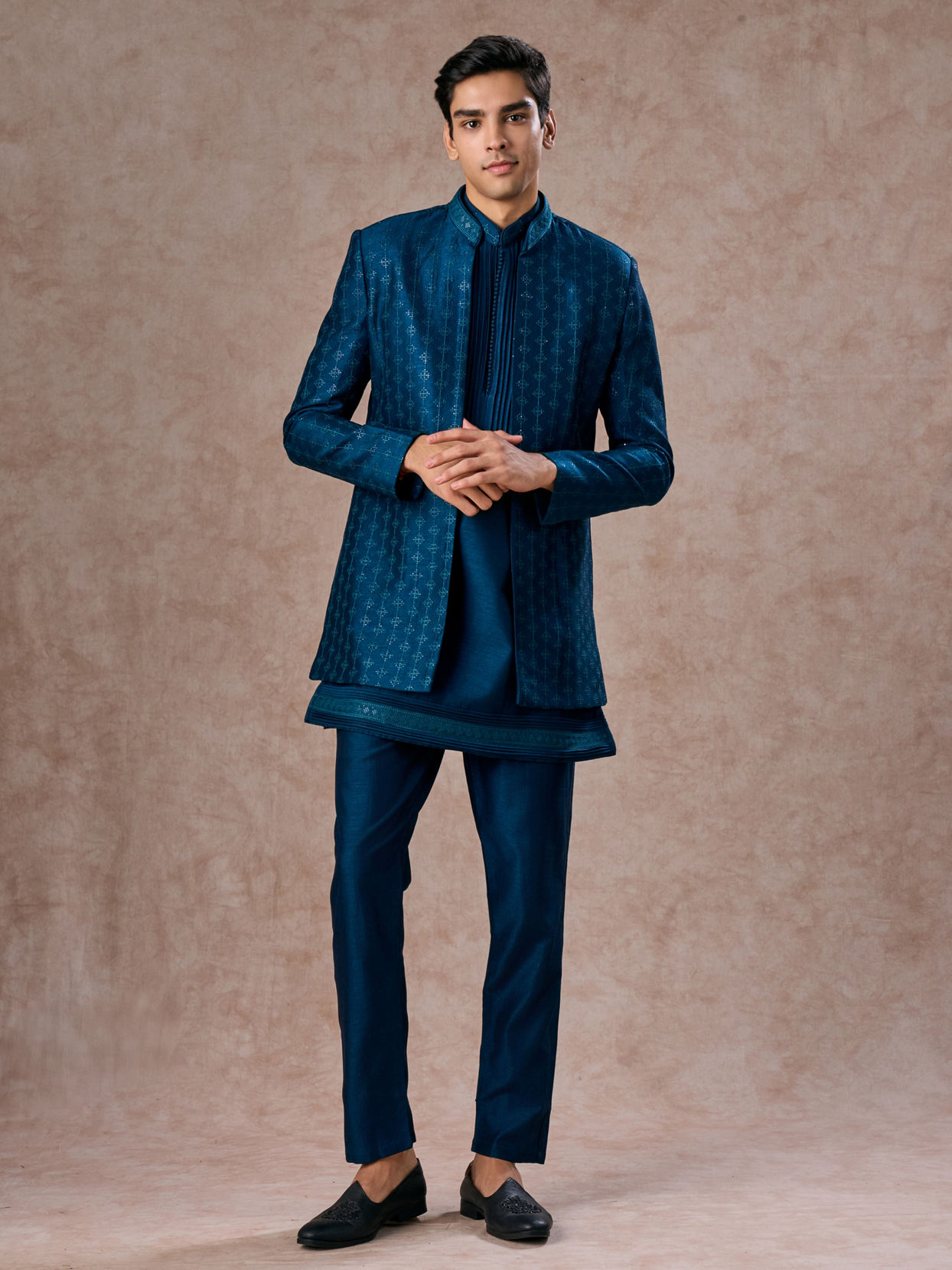 Manyavar Men Teal Blue Elegance Indo Western